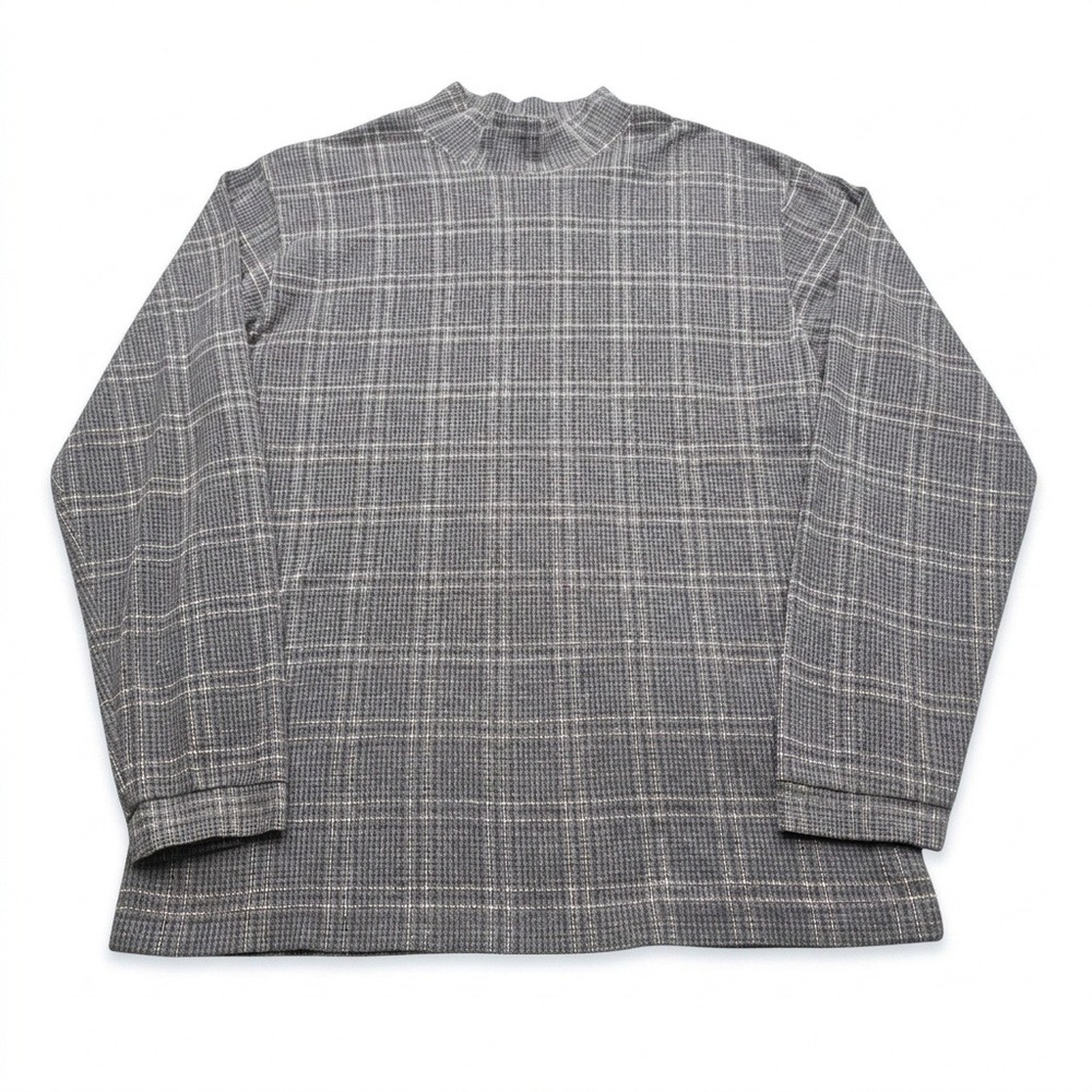 L.L. Bean Mock Neck Sweater Mens Medium Gray Plaid Long Sleeve 100% Cotton USA